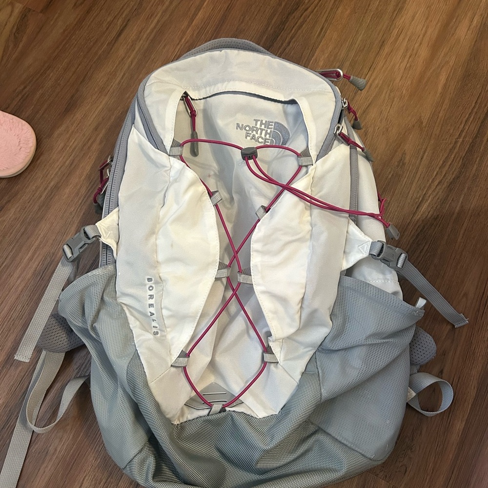 The North Face Gray and Cream Backpack with Pink Accents